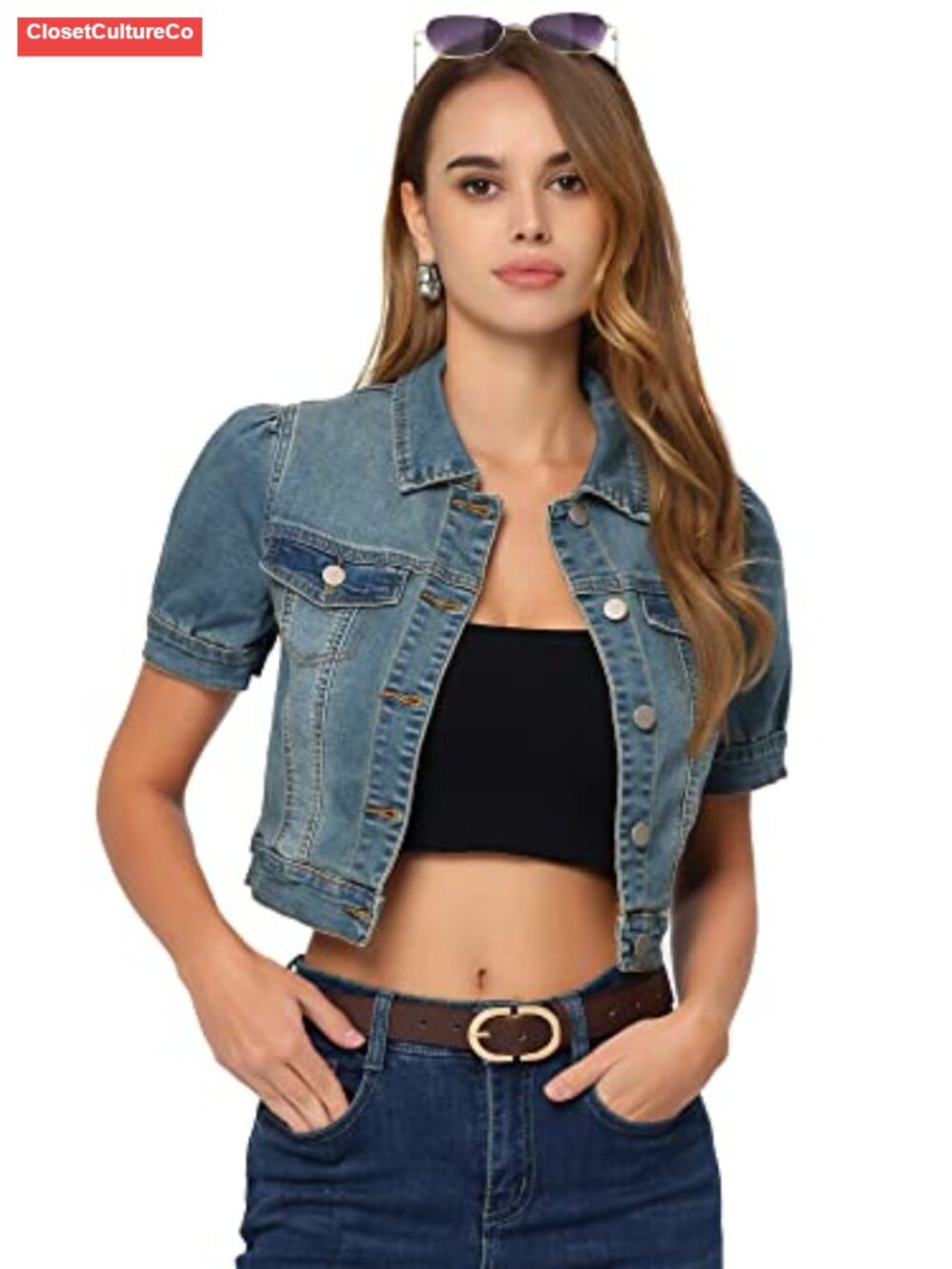 Women's Short Sleeve Denim Jacket Cropped Button Down Puff Sleeve Casual